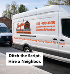 An accurate Joseph Home Improvement and Plumbing service van parked, featuring the catchphrase 'Ditch the Script. Hire a Neighbor.'