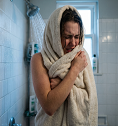 Woman wrapped in a towel, hugging herself for warmth in a tiled bathroom.