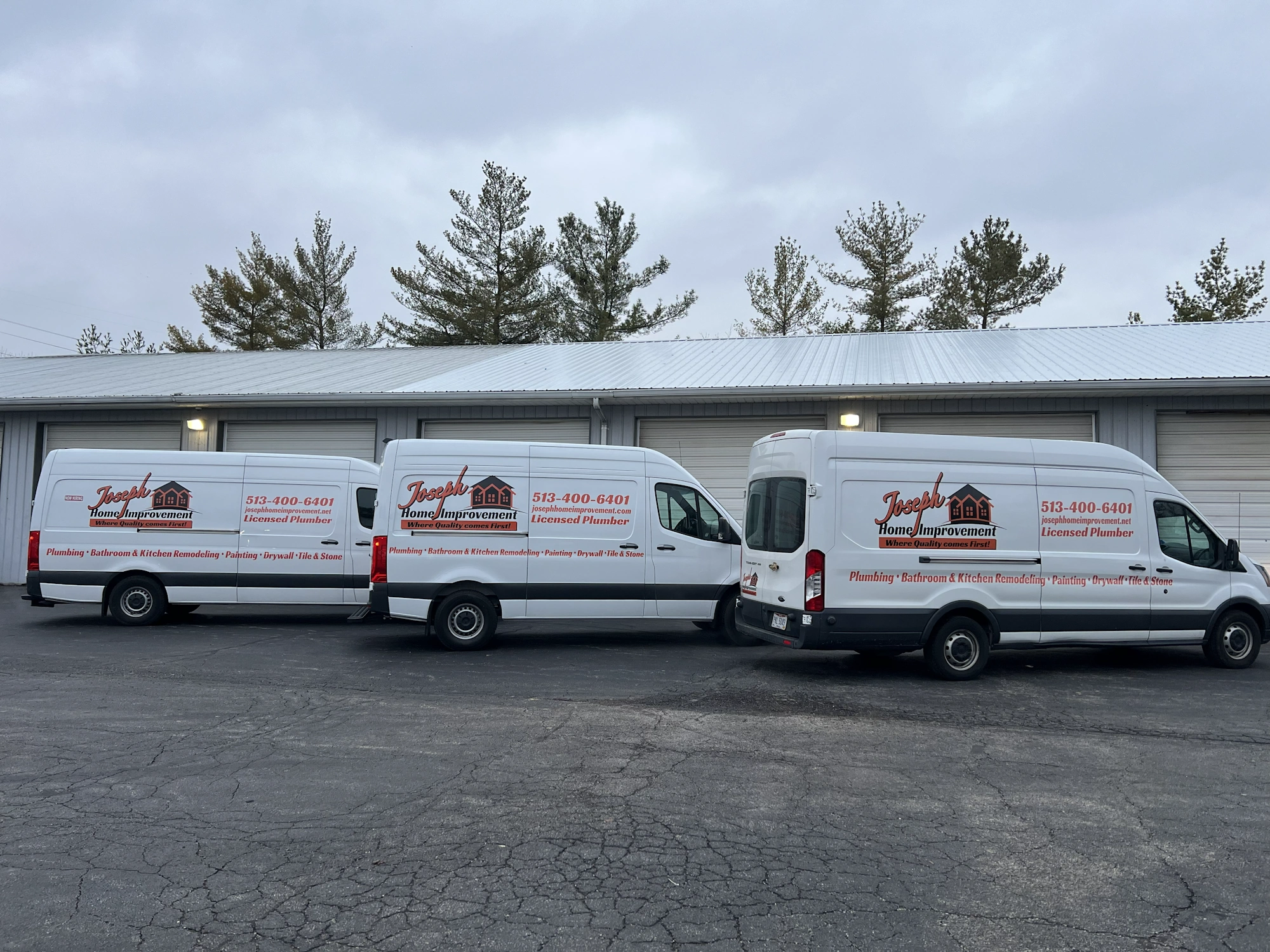 Three branded Joseph Home Improvement service vans outside the company facility near Morrow, Ohio.